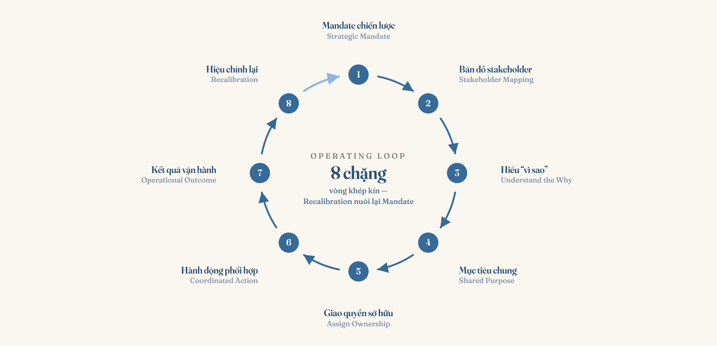 Vòng lặp vận hành của COO vẽ thành một chu trình khép kín tám bước: Strategic Mandate (mandate chiến lược) → Stakeholder Mapping (lập bản đồ các bên) → Understand the Why (hiểu động cơ mỗi bên) → Define Shared Purpose (định nghĩa mục tiêu chung) → Assign Ownership (giao quyền sở hữu) → Coordinated Action (hành động phối hợp) → Operational Outcome (kết quả vận hành) → Recalibration (hiệu chỉnh lại) — và Recalibration quay lại nuôi cho vòng kế tiếp